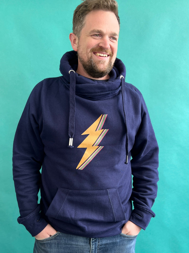 Navy Lightning Bolt Adult Cowl Hoodie